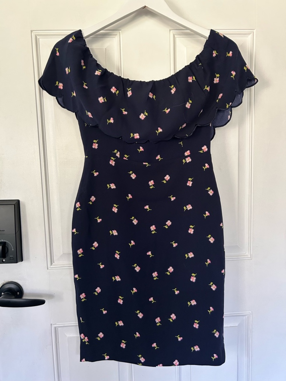 Off-Shoulder Navy Mini Dress with Pink Floral Print